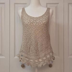 Y2K Boho Festival Oatmeal Beige Crochet Tunic Tank Top 70s Floral Coachella XS/S